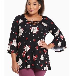 Torrid floral print lace up bell sleeve top